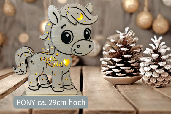 Niedliches Pony als Nachtlicht fürs Kinderzimmer Süßes Nachtlicht aus Holz Motiv Pony